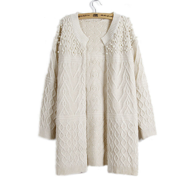 Pearls Beaded Women Long Cardigan Women's Knitted Sweater Cardigan Femme Thick Warm Long Cardigan