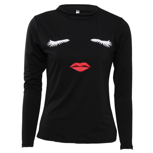 Red Lips Smiling Women T Shirt Sexy Slim Printed Top Tees Femm Black White Pink Casual Long Sleeve T Shirt Women Tops