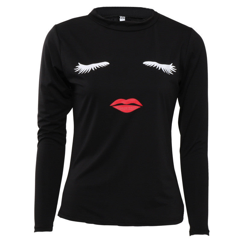 Red Lips Smiling Women T Shirt Sexy Slim Printed Top Tees Femm Black White Pink Casual Long Sleeve T Shirt Women Tops
