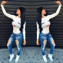 Red Lips Smiling Women T Shirt Sexy Slim Printed Top Tees Femm Black White Pink Casual Long Sleeve T Shirt Women Tops