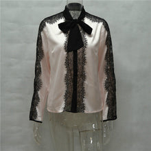 Sexy Hollow Patchwork Lace Blouses Tied Long Sleeve Office Lady Shirts Plus Size Women Tops Lace Crochet Blusas