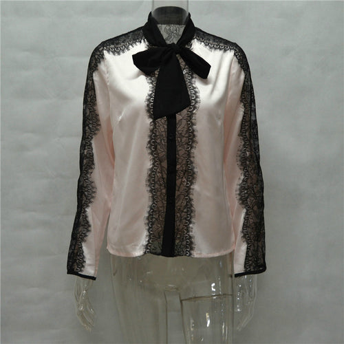 Sexy Hollow Patchwork Lace Blouses Tied Long Sleeve Office Lady Shirts Plus Size Women Tops Lace Crochet Blusas