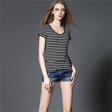 Short Sleeve Striped T shirt Women Casual Women Tops V Neck Slim Modal Tshirt Femme Big Size T shirts For Women