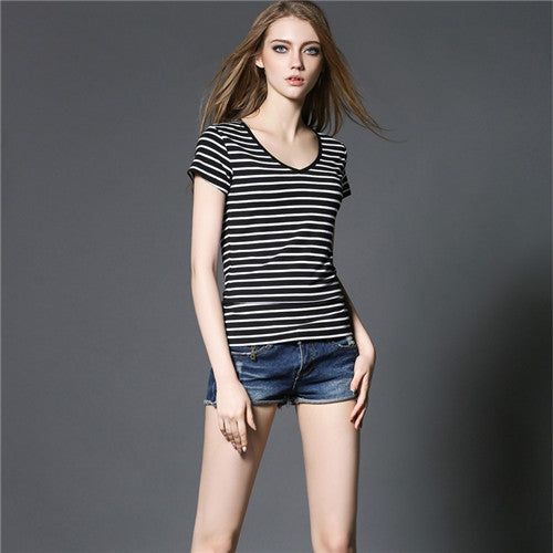 Short Sleeve Striped T shirt Women Casual Women Tops V Neck Slim Modal Tshirt Femme Big Size T shirts For Women