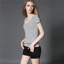 Short Sleeve Striped T shirt Women Casual Women Tops V Neck Slim Modal Tshirt Femme Big Size T shirts For Women