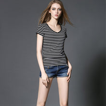 Short Sleeve Striped T shirt Women Casual Women Tops V Neck Slim Modal Tshirt Femme Big Size T shirts For Women