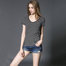 Short Sleeve Striped T shirt Women Casual Women Tops V Neck Slim Modal Tshirt Femme Big Size T shirts For Women