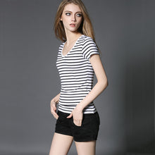 Short Sleeve Striped T shirt Women Casual Women Tops V Neck Slim Modal Tshirt Femme Big Size T shirts For Women
