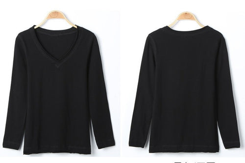 Slim Basic T shirts Oversized Cotton Women T shirt Sexy V Neck Long Sleeve Basic Top Lady Casual Solid Tee Shirts XXL