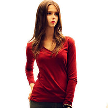 Slim Basic T shirts Oversized Cotton Women T shirt Sexy V Neck Long Sleeve Basic Top Lady Casual Solid Tee Shirts XXL