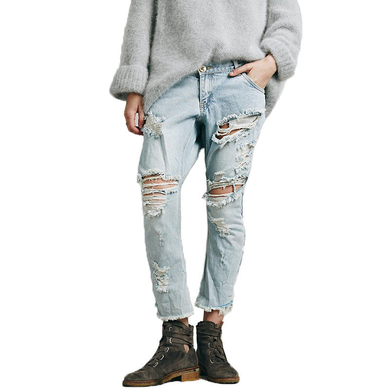 Stylish Jeans Woman Ripped Boyfriend Jeans For Women Light Blue Washed Hole Jean Femme Loose Denim Jeans Women