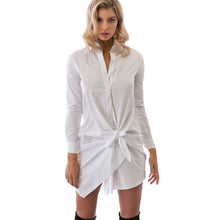 Black White Long Shirt Dress For Women Front Knot Sexy Dress Long Sleeve Turn Down Collar Dress Robe