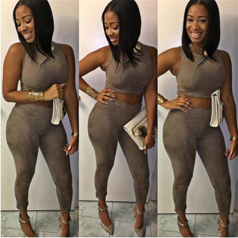 Two Piece Outfits Women Suede Bodycon Jumpsuit Sexy Cropped Rompers Womens Jumpsuit 2 Piece Set Women