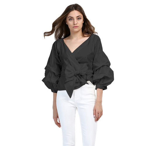 Vintage Puff Sleeve Women Blouses And Shirts Sexy Deep V Neck Tie Bow Blouse Tunic Top Plus Size Blusas