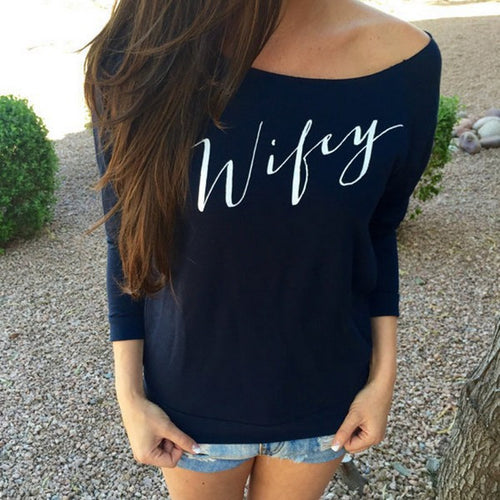 Sexy Slash Neck T shirts Long Sleeve Letter Print Casual Women T- shirt 4 Colors Plus Size Women Tees
