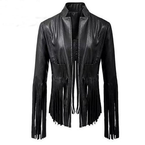 Black Leather Jacket Tassels Punk Motorcycle Women Jacket Slim Fringed Jacket Coat Women Chaquetas Mujer