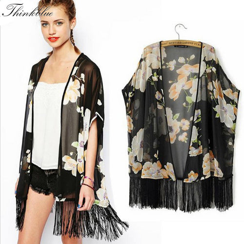 Floral Kimono Cardigan Blouse Long Tassel Print Chiffon Shirt Women Vintage Flower Print Kimono Blusa