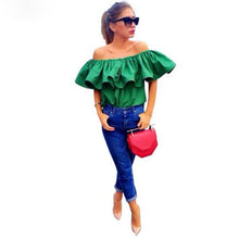 Slash Neck Women Tops Sexy Ruffle Sleeve Off Shoulder Top Tee Solid Loose Blouses Shirts
