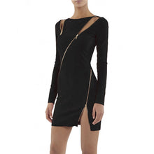 Cut Out Bodycon Dress Black Red Zipper Pattern Split Party Dress Long Sleeve Suede Women Dress