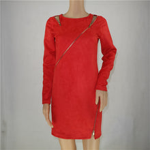 Cut Out Bodycon Dress Black Red Zipper Pattern Split Party Dress Long Sleeve Suede Women Dress