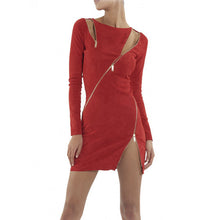 Cut Out Bodycon Dress Black Red Zipper Pattern Split Party Dress Long Sleeve Suede Women Dress