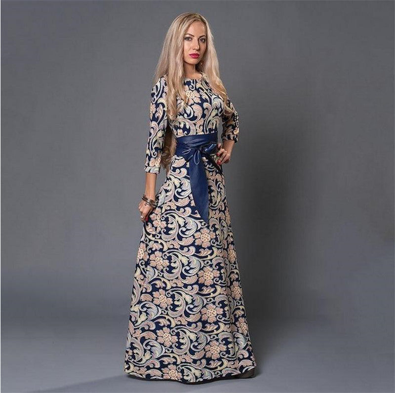 Floral Printing Maxi Long Dress Big Sized Three Quarter Sleeve Women Dress Plus Size Printed Boho Dress XXL