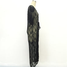 Hollow Cardigan Beach Long Dress Black Lace Maxi Dress Women Short Sleeve Sun Shirt Dress Sexy Floral Dresses