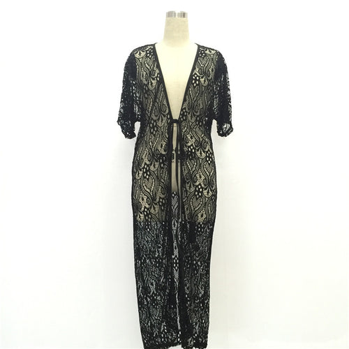 Hollow Cardigan Beach Long Dress Black Lace Maxi Dress Women Short Sleeve Sun Shirt Dress Sexy Floral Dresses