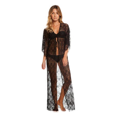 Hollow Cardigan Beach Long Dress Black Lace Maxi Dress Women Short Sleeve Sun Shirt Dress Sexy Floral Dresses