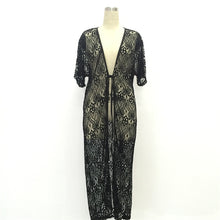 Hollow Cardigan Beach Long Dress Black Lace Maxi Dress Women Short Sleeve Sun Shirt Dress Sexy Floral Dresses