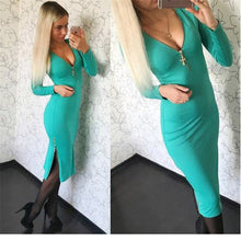 Women Plus Size Dress Casual Solid Straight Long Sleeve V-neck Zippers Dresses Q0036