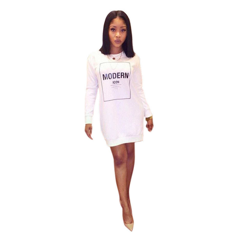 Long Sleeve Casual Dress Women Letter Print Bodycon Dress Mini Plus Size Women Clothing White Dress