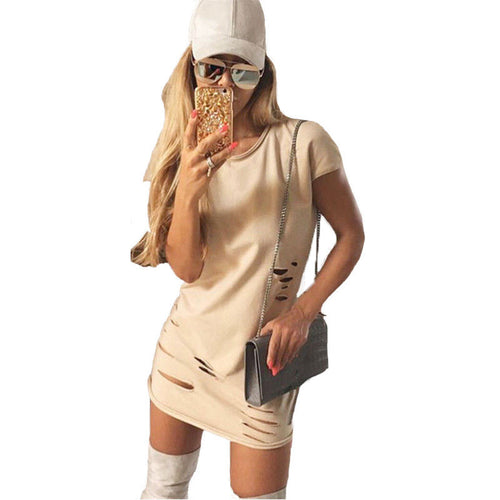 O Neck Casual Dress Women Short Sleeve Bodycon Dress With Holes Robe Femme Solid Color Slim Mini Dresses For Women