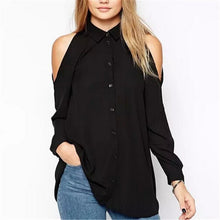 Off Shoulder Blouses And Shirts Turn Down Collar Long Sleeve Women Blouse Blusas Cold Shoulder Tops Black White