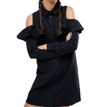 Off Shoulder Long Shirt Dress Black Turn Down Collar Ruffle Button Up Women Dress Long Sleeve Loose Robe Femme S-XL