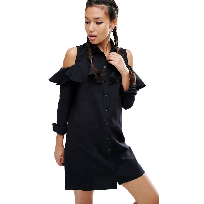 Off Shoulder Long Shirt Dress Black Turn Down Collar Ruffle Button Up Women Dress Long Sleeve Loose Robe Femme S-XL