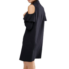 Off Shoulder Long Shirt Dress Black Turn Down Collar Ruffle Button Up Women Dress Long Sleeve Loose Robe Femme S-XL