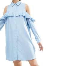 Off Shoulder Long Shirt Dress Black Turn Down Collar Ruffle Button Up Women Dress Long Sleeve Loose Robe Femme S-XL
