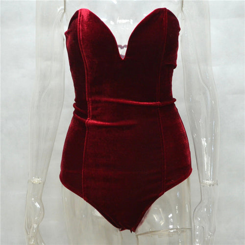 Velvet Lace Up Bodysuit Women Sexy V Neck Padded Chest Bodycon Overalls Body Tops Women Bandage Bodysuit Femme