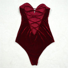 Velvet Lace Up Bodysuit Women Sexy V Neck Padded Chest Bodycon Overalls Body Tops Women Bandage Bodysuit Femme