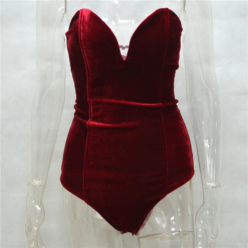 Velvet Lace Up Bodysuit Women Sexy V Neck Padded Chest Bodycon Overalls Body Tops Women Bandage Bodysuit Femme