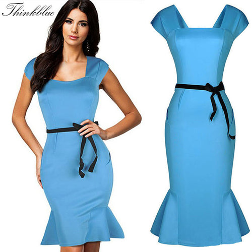 Vintage Ruffle Women Dress Blue Sleeveless Midi Knee-length Dress Ladies Elegant Bodycon Dress Party Dresses