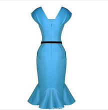Vintage Ruffle Women Dress Blue Sleeveless Midi Knee-length Dress Ladies Elegant Bodycon Dress Party Dresses