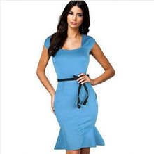 Vintage Ruffle Women Dress Blue Sleeveless Midi Knee-length Dress Ladies Elegant Bodycon Dress Party Dresses