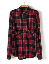 Chic Women's Classical Red & Black Plaid Rivets Pockets Lapel Turn-up Long Sleeve Cotton Shirts Casual Blouse Tops