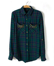 Chic Women's Classical Red & Black Plaid Rivets Pockets Lapel Turn-up Long Sleeve Cotton Shirts Casual Blouse Tops