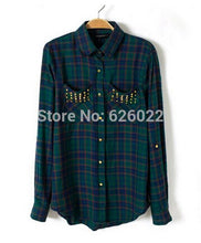 Chic Women's Classical Red & Black Plaid Rivets Pockets Lapel Turn-up Long Sleeve Cotton Shirts Casual Blouse Tops