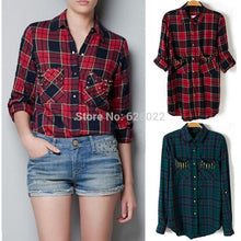 Chic Women's Classical Red & Black Plaid Rivets Pockets Lapel Turn-up Long Sleeve Cotton Shirts Casual Blouse Tops