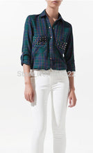 Chic Women's Classical Red & Black Plaid Rivets Pockets Lapel Turn-up Long Sleeve Cotton Shirts Casual Blouse Tops