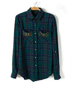 Chic Women's Classical Red & Black Plaid Rivets Pockets Lapel Turn-up Long Sleeve Cotton Shirts Casual Blouse Tops